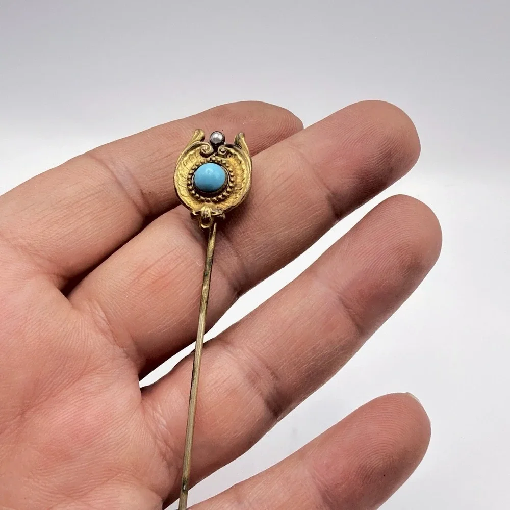 Vtg Art Nouveau Gold-Tone Stick Pin Turquoise Blue Cab